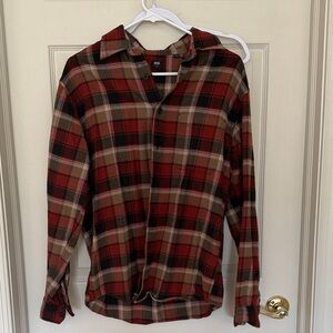 Uniqlo Red, Tan, Black Plaid Button-Up Shirt